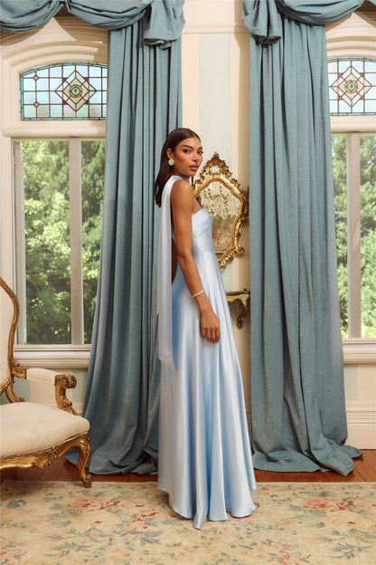 The Serina Strapless Satin Maxi Dress Light Blue