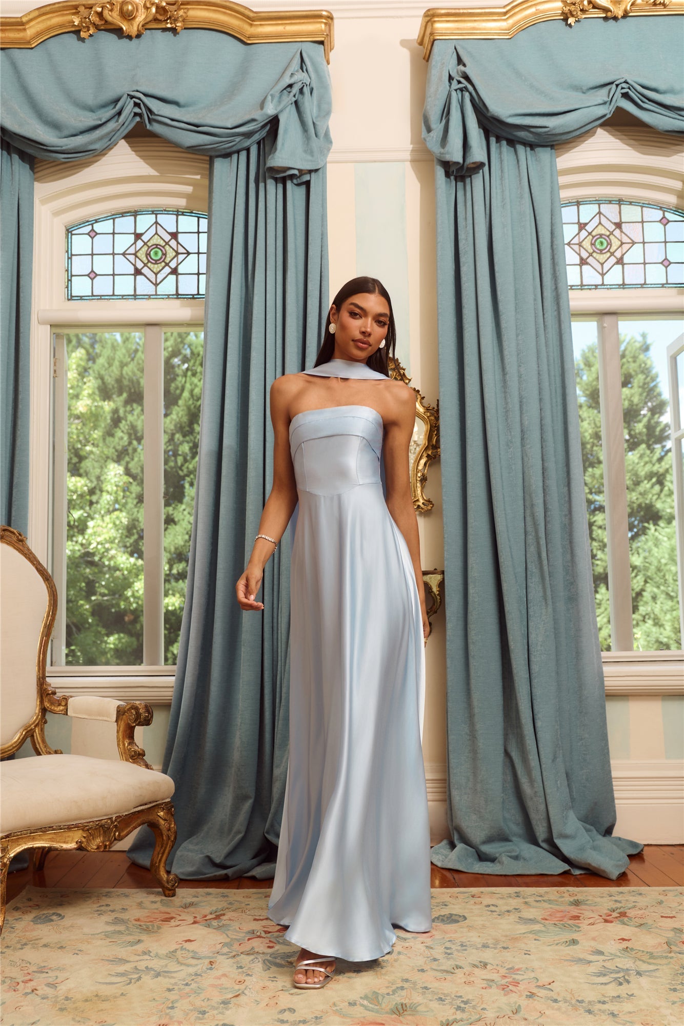 The Serina Strapless Satin Maxi Dress Light Blue