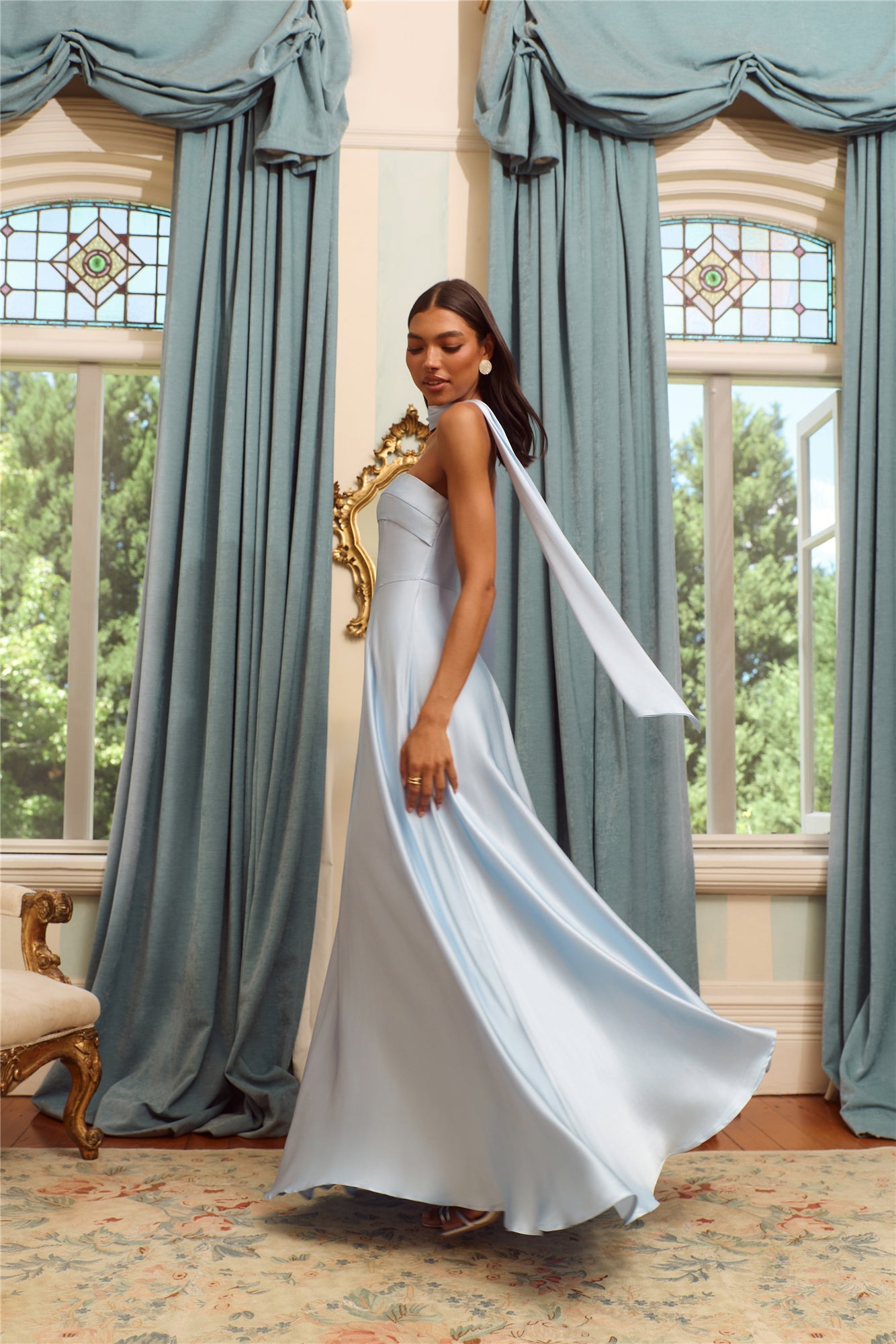 The Serina Strapless Satin Maxi Dress Light Blue