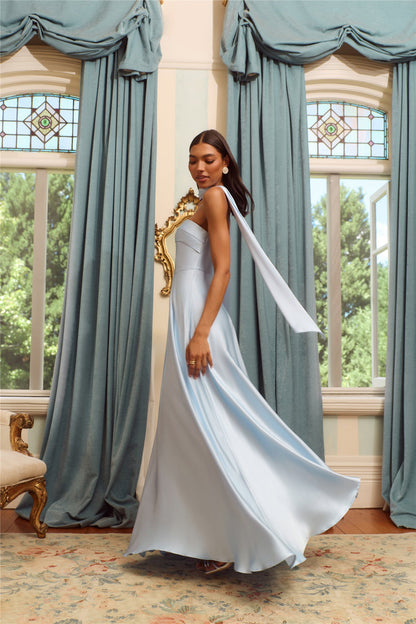 The Serina Strapless Satin Maxi Dress Light Blue