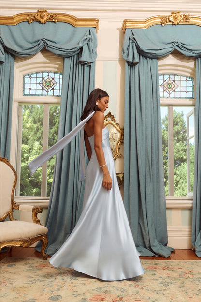 The Serina Strapless Satin Maxi Dress Light Blue