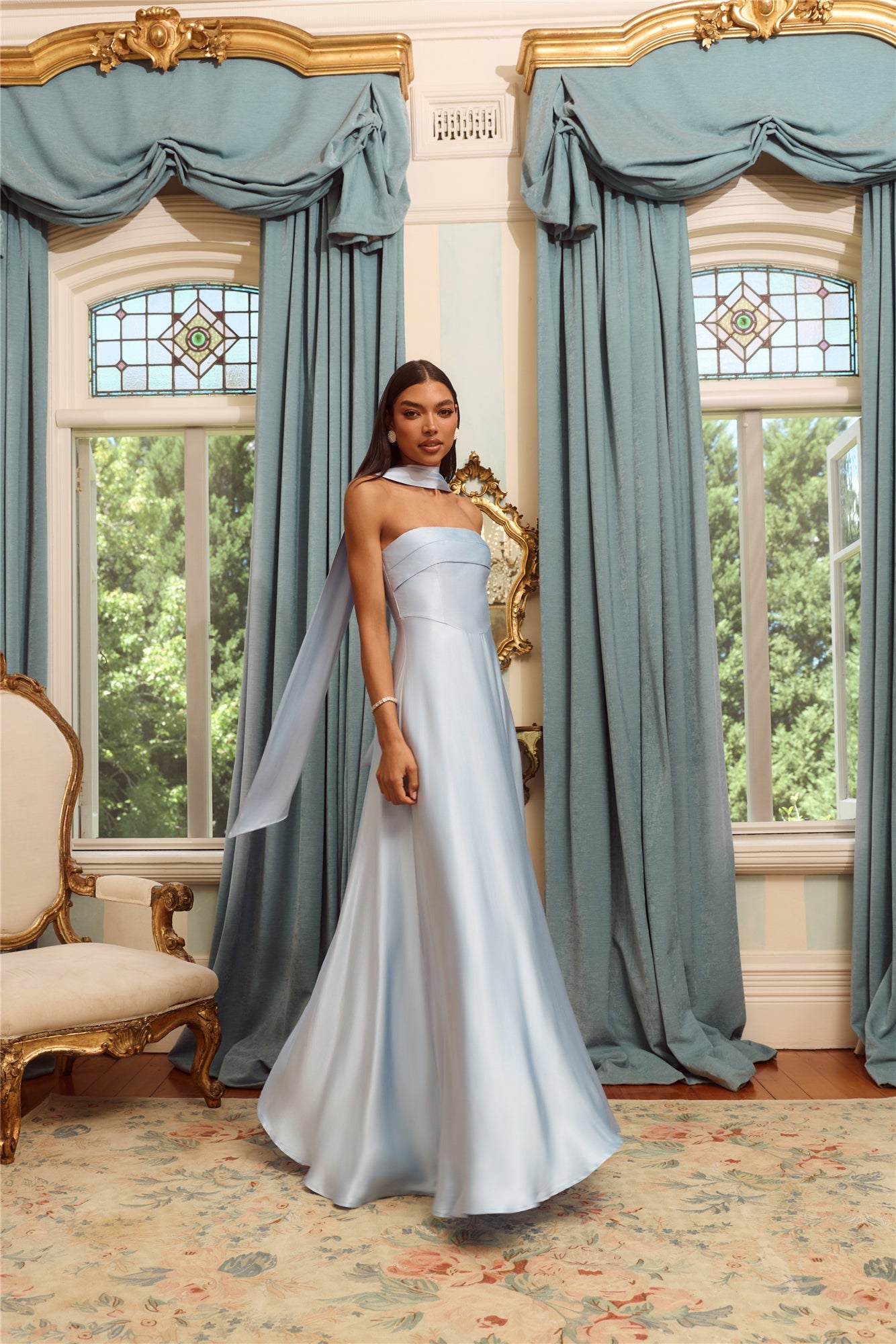 The Serina Strapless Satin Maxi Dress Light Blue