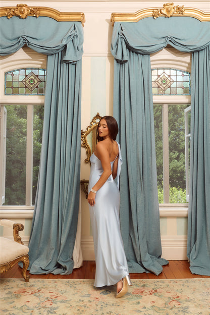 The Zafira One Shoulder Satin Maxi Dress Light Blue