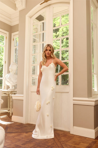 Honeyed Petals Satin Maxi Dress Cream