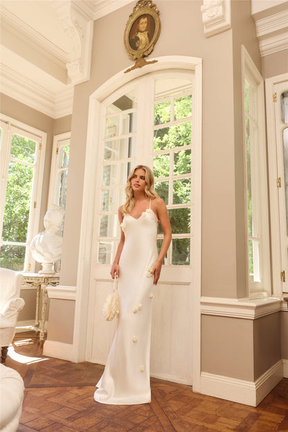 Honeyed Petals Satin Maxi Dress Cream