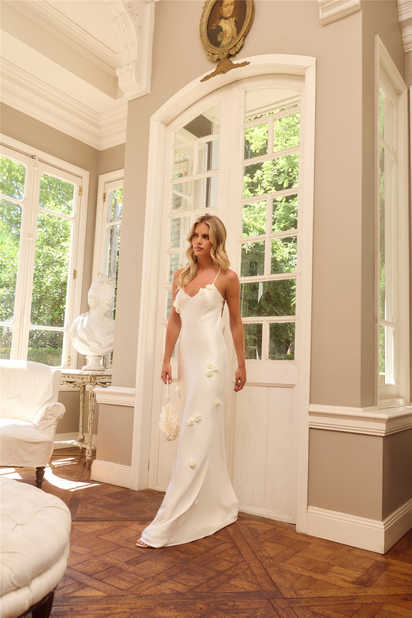 Honeyed Petals Satin Maxi Dress Cream