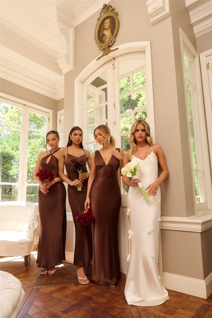 The Delilah Satin Halter Maxi Dress Chocolate Brown