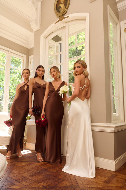 Honeyed Petals Satin Maxi Dress Cream