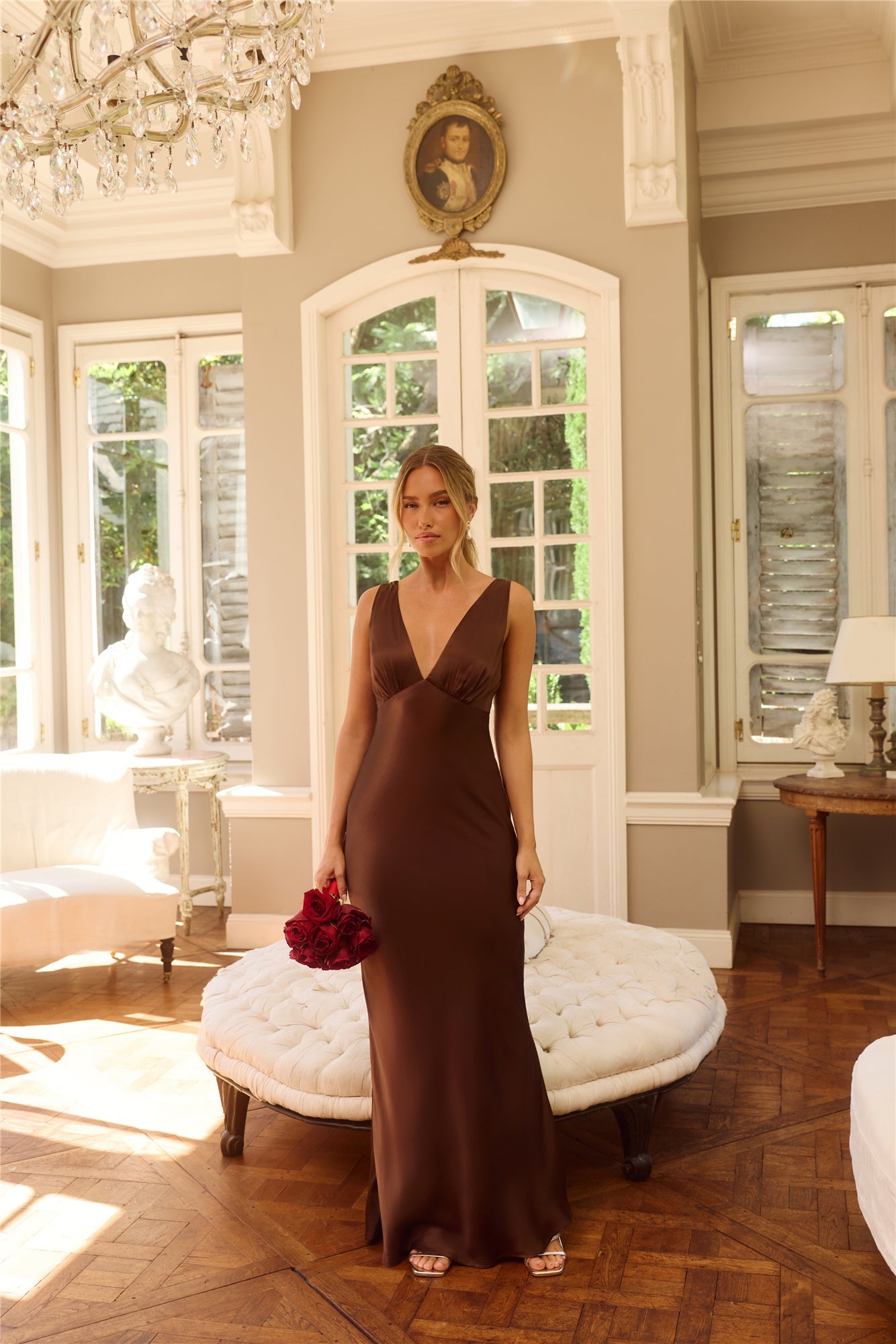The Isabeau Satin Maxi Dress Chocolate Brown