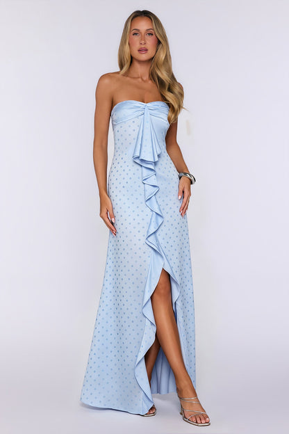 Sparked Hour Satin Polka Dot Strapless Maxi Dress Blue