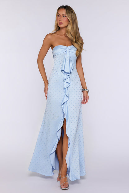 Sparked Hour Satin Polka Dot Strapless Maxi Dress Blue