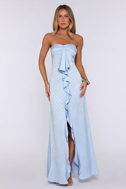 Sparked Hour Satin Polka Dot Strapless Maxi Dress Blue