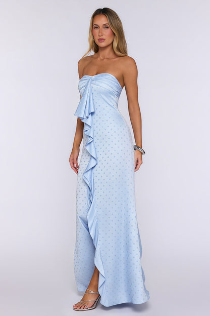 Sparked Hour Satin Polka Dot Strapless Maxi Dress Blue