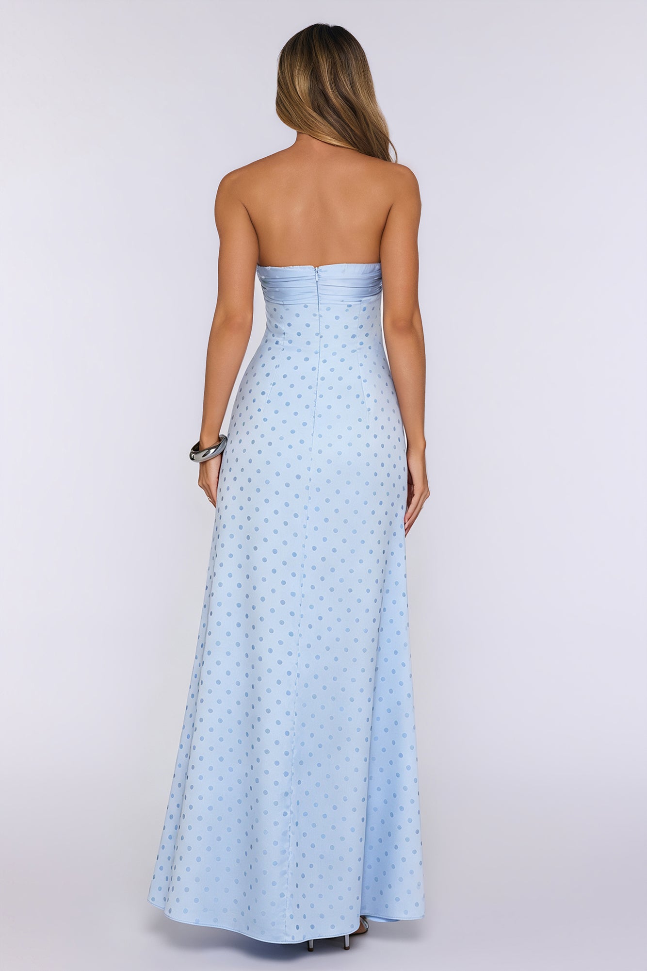 Sparked Hour Satin Polka Dot Strapless Maxi Dress Blue