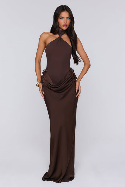 Evening Spark Satin Maxi Skirt Chocolate