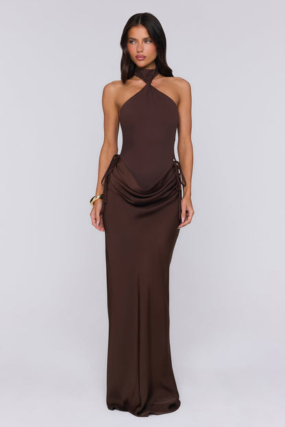 Evening Spark Satin Maxi Skirt Chocolate