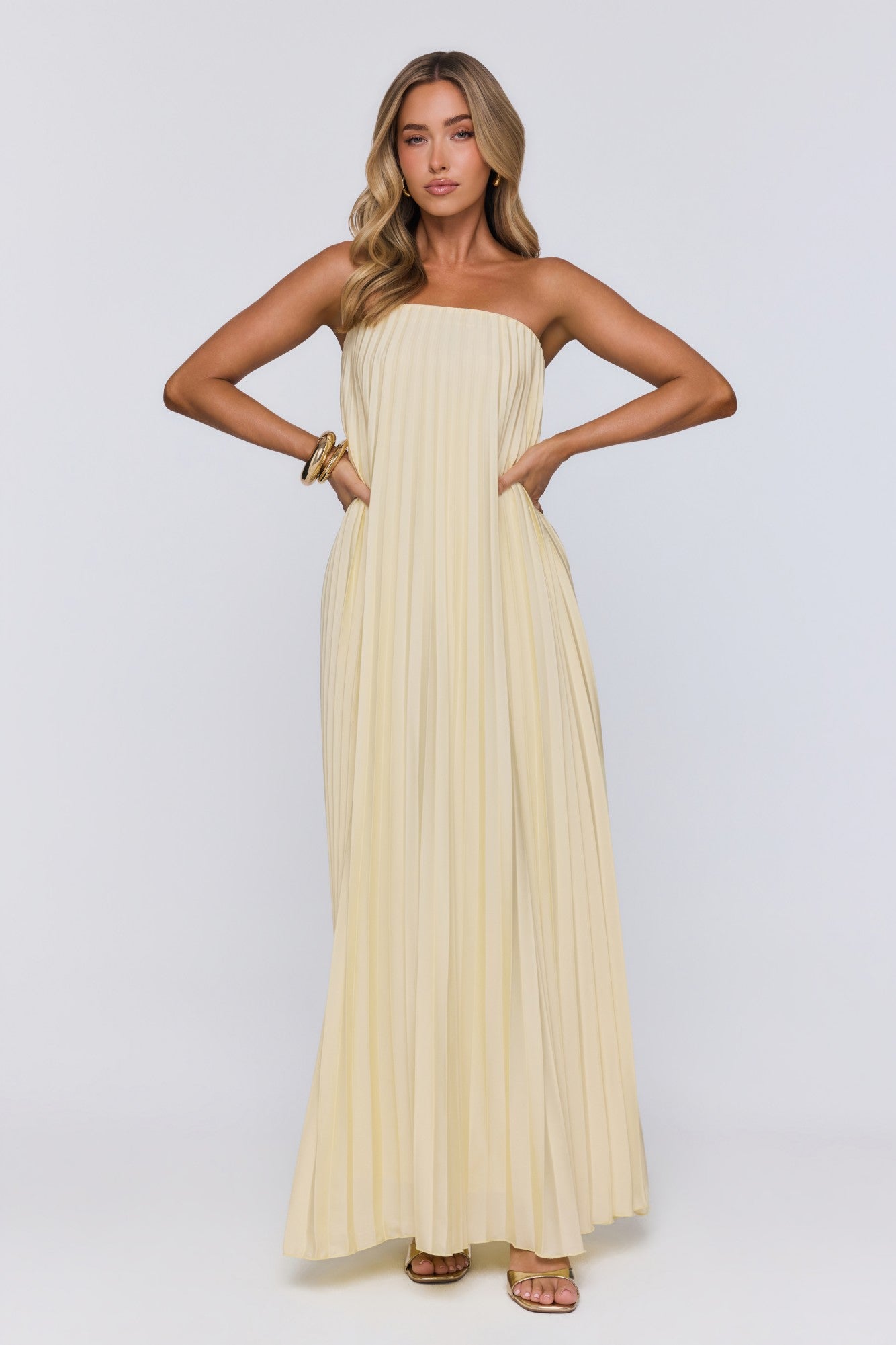 Moonlit Sea Pleated Strapless Maxi Dress Lemon