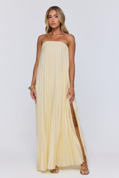 Moonlit Sea Pleated Strapless Maxi Dress Lemon