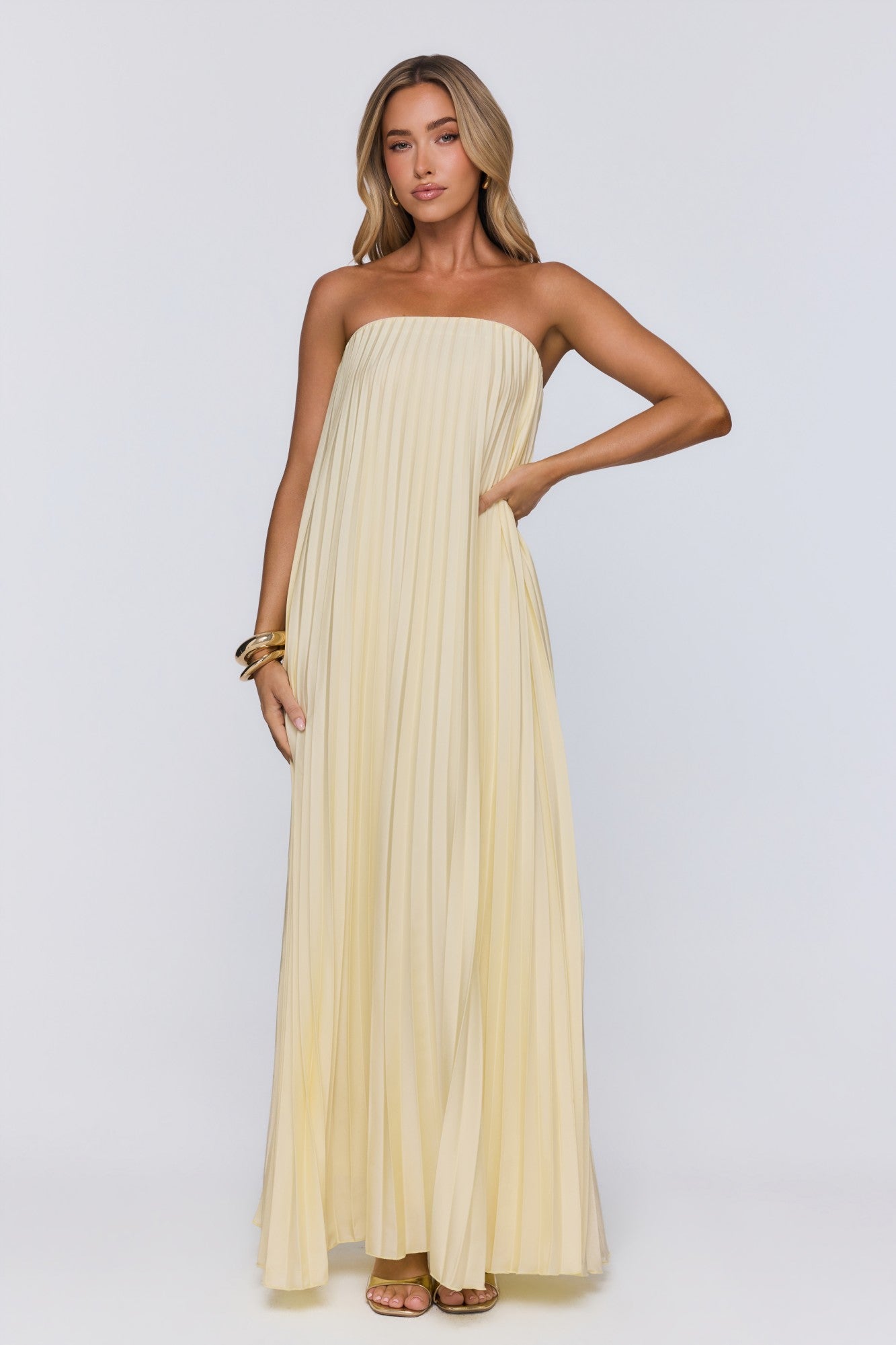 Moonlit Sea Pleated Strapless Maxi Dress Lemon