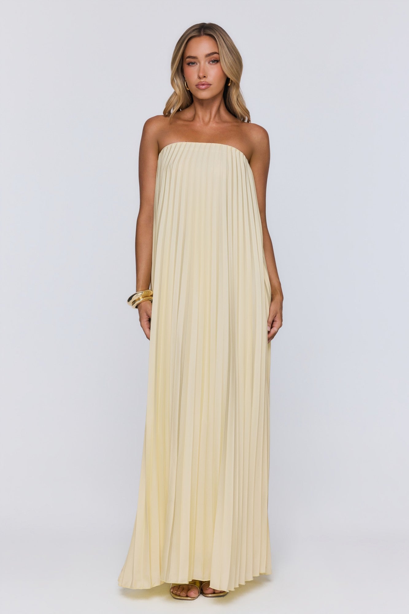 Moonlit Sea Pleated Strapless Maxi Dress Lemon