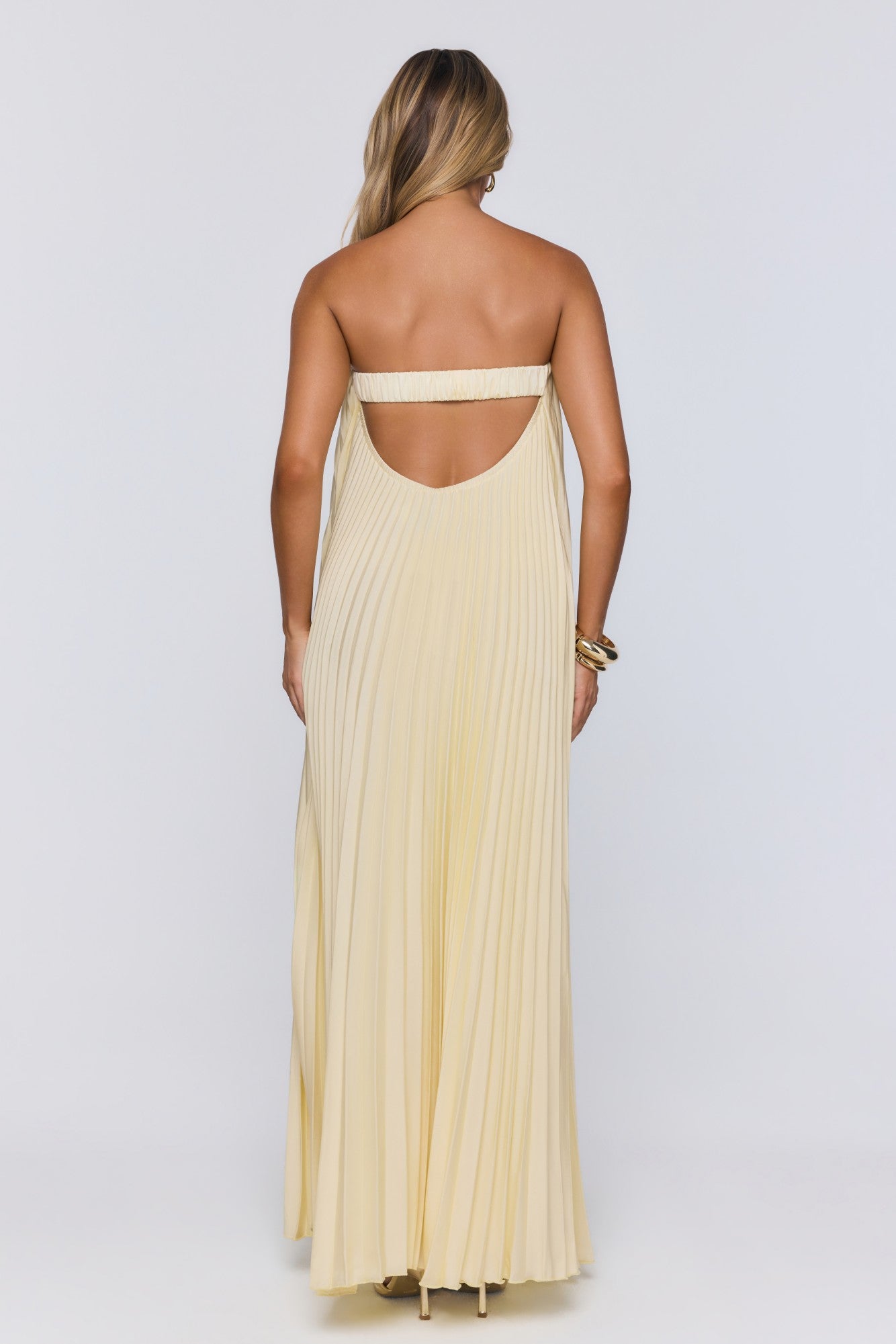 Moonlit Sea Pleated Strapless Maxi Dress Lemon