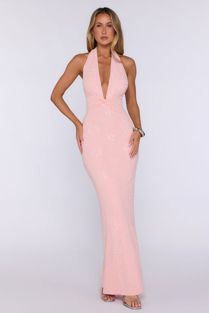 Peachy Whimsy Knit Halter Maxi Dress Pink