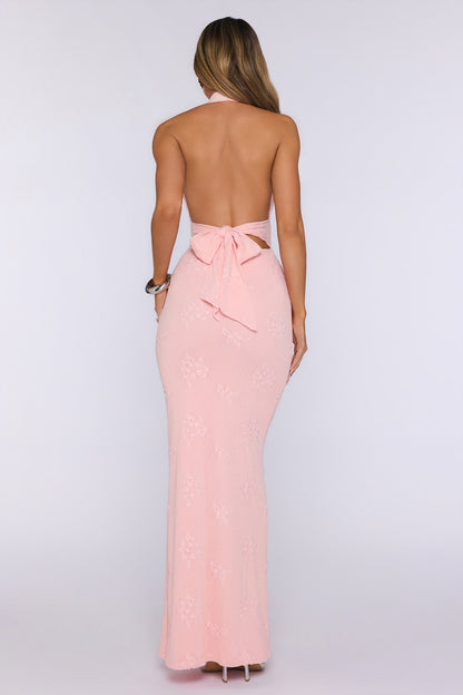 Peachy Whimsy Knit Halter Maxi Dress Pink