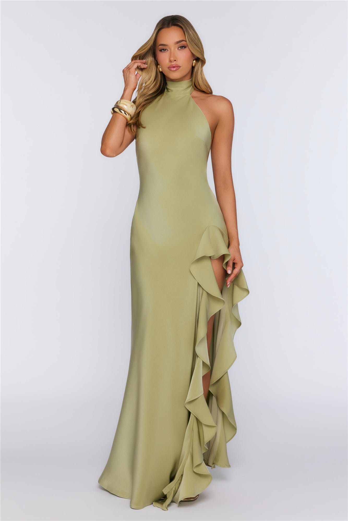 Dreamlight Halter Satin Maxi Dress Khaki