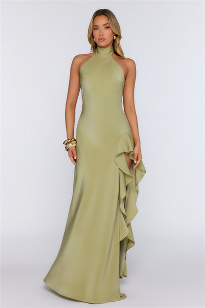 Dreamlight Halter Satin Maxi Dress Khaki