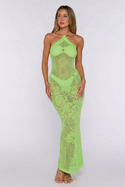 Havana Sunset Knit Halter Maxi Dress Lime Green
