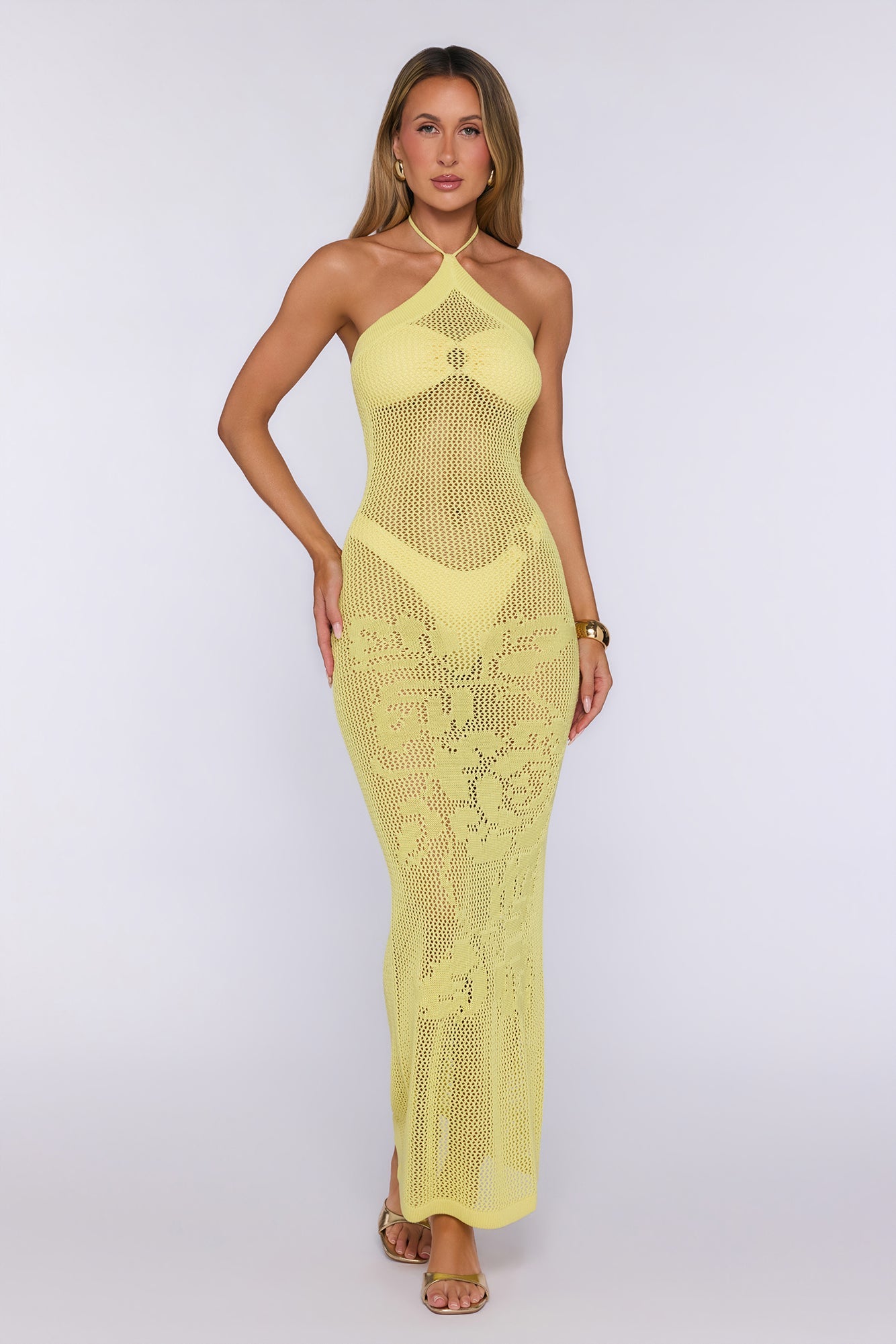 Havana Sunset Knit Halter Maxi Dress Yellow