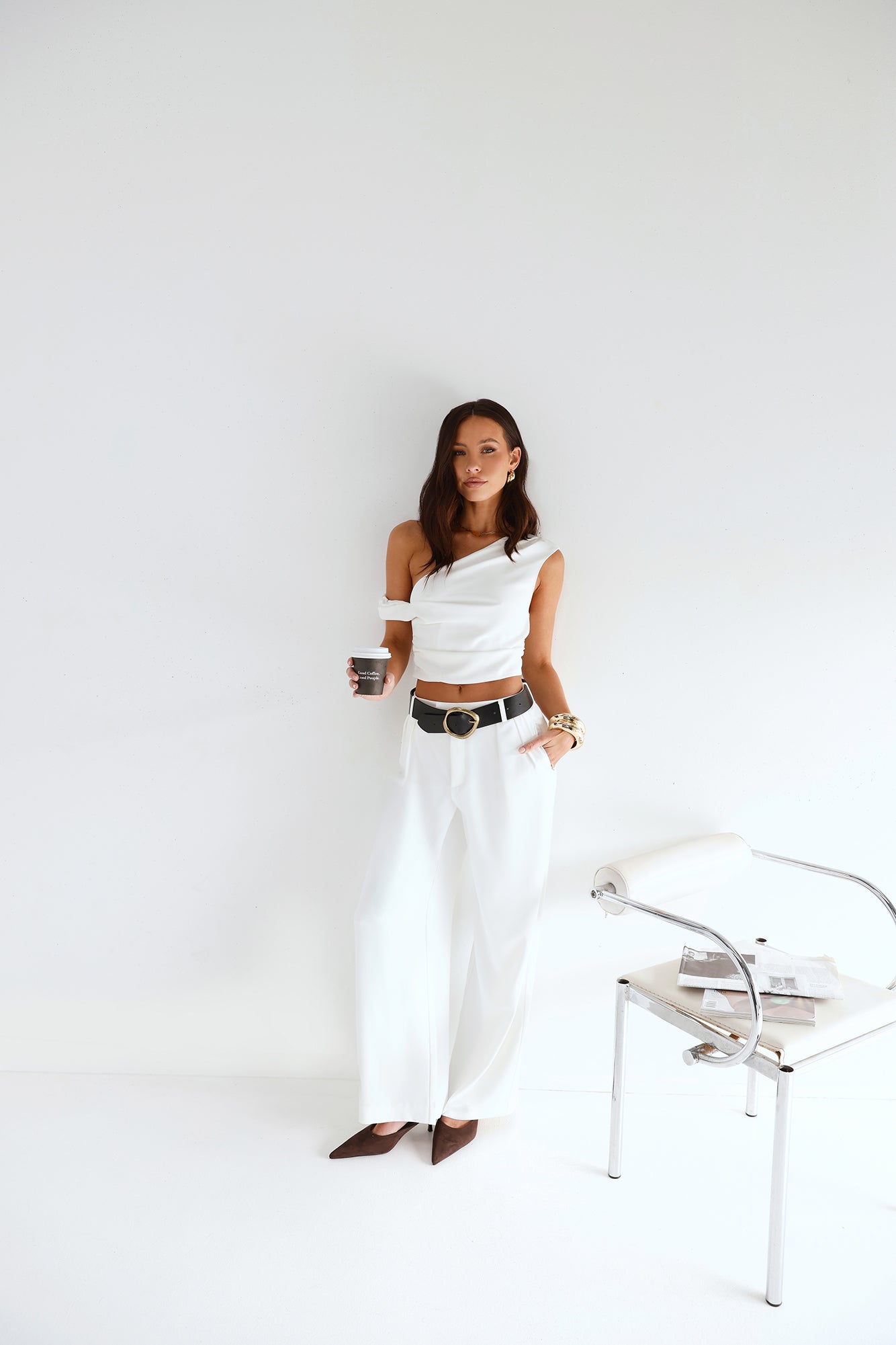 Linear Mood High Rise Straight Leg Tailored Pants White