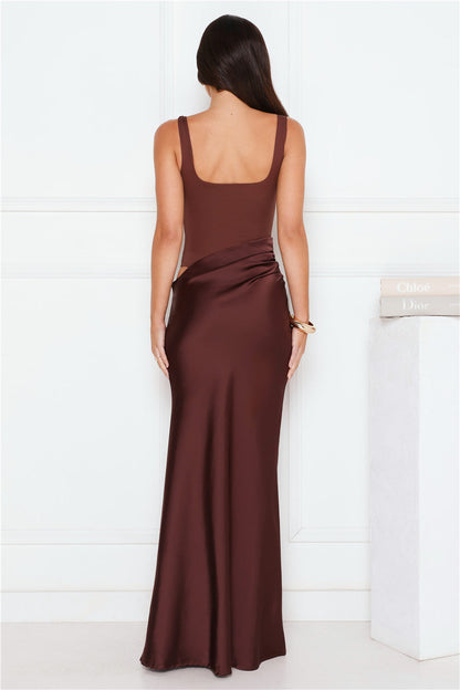 Effortlessly Yours Satin Maxi Dress Chocolate