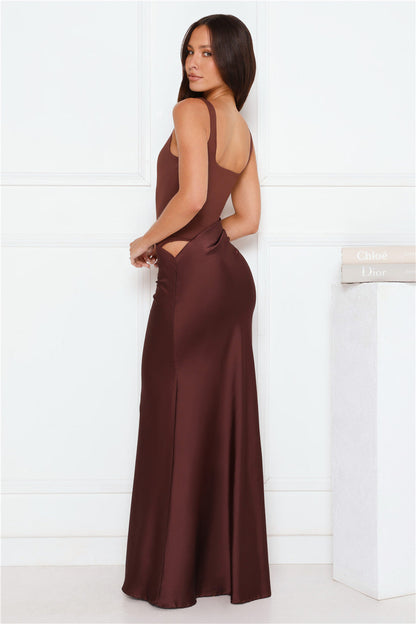 Effortlessly Yours Satin Maxi Dress Chocolate