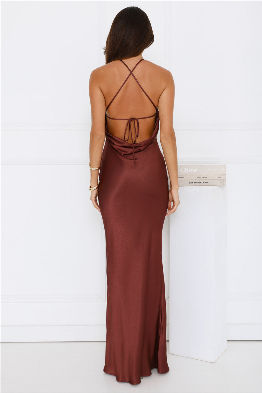Piazza Nights Satin Maxi Dress Chocolate