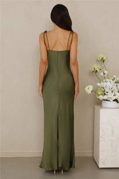 The Penelope Cowl Satin Maxi Dress Olive