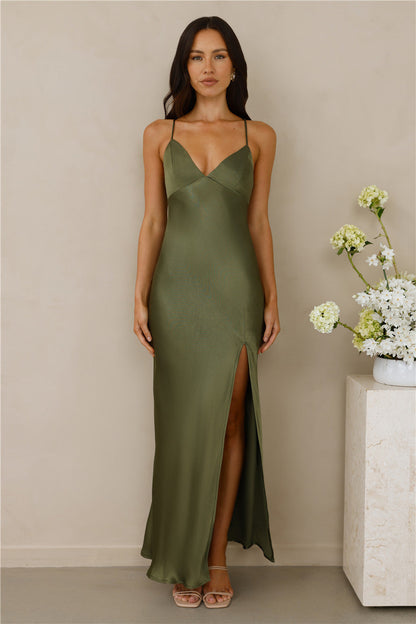 The Sophia Satin Maxi Dress Olive