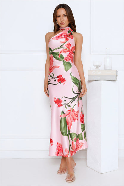 Romance In Bloom Satin Maxi Dress Pink
