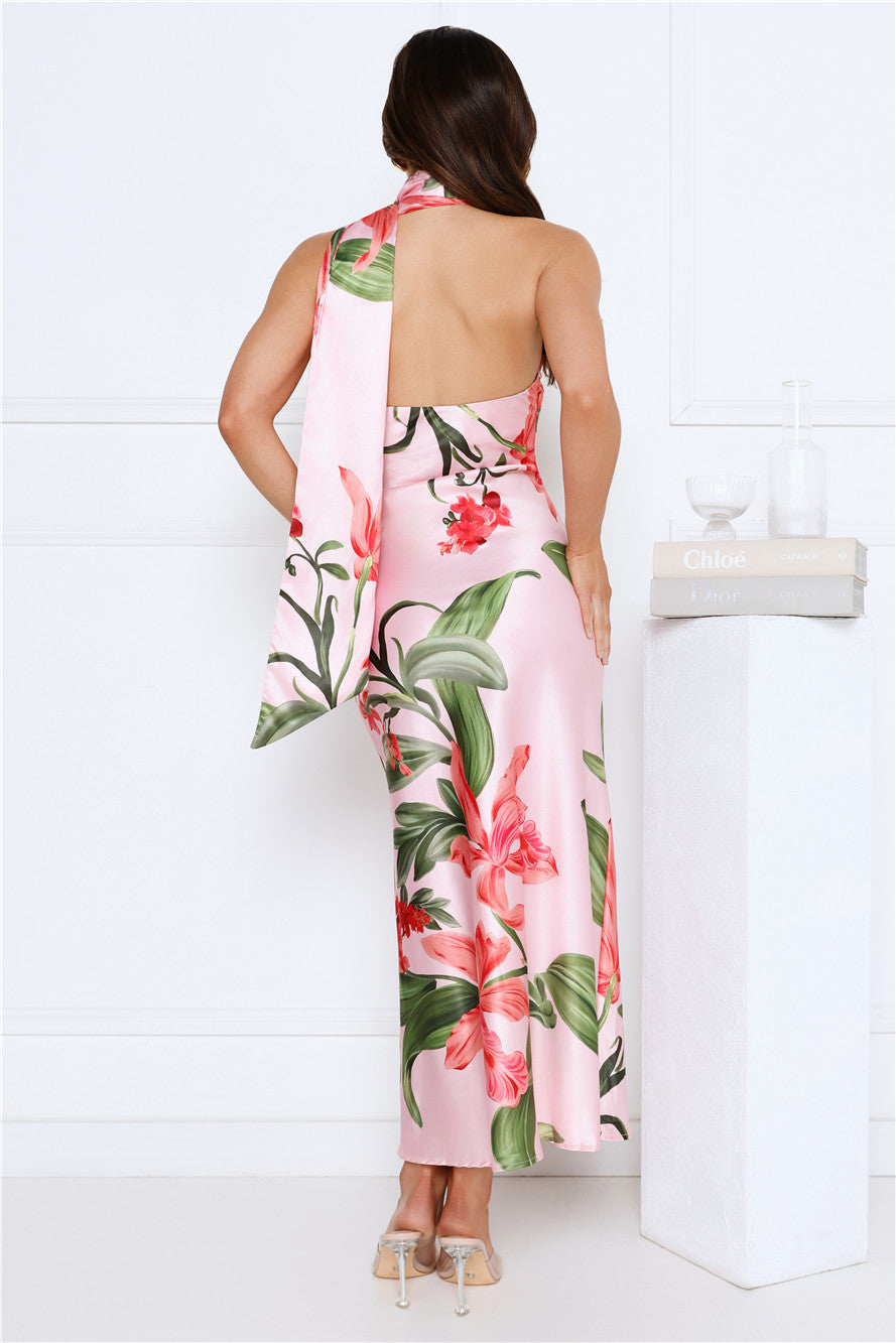 Romance In Bloom Satin Maxi Dress Pink