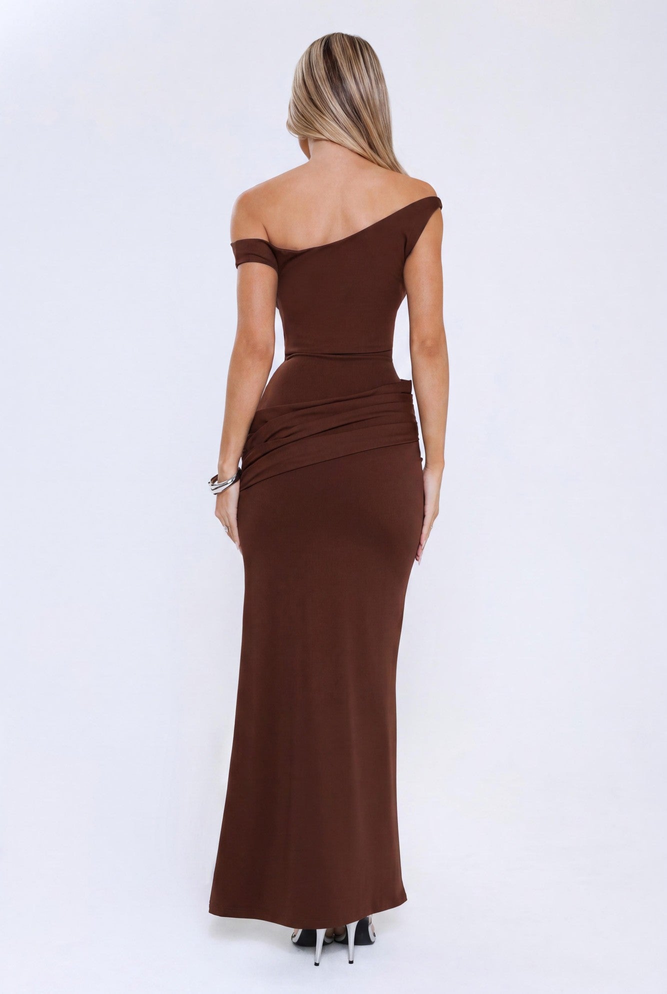 Caught In The Spotlight Off Shoulder Maxi Dress Chocolate