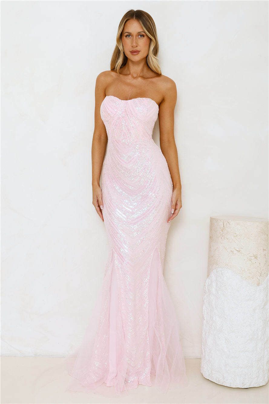 Fancy Dressed Strapless Sequin Maxi Dress Pink