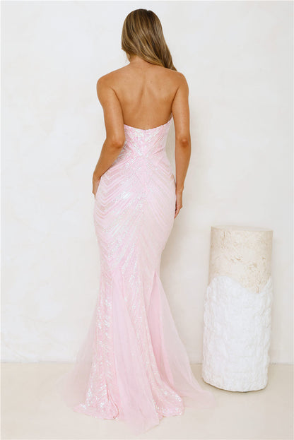 Fancy Dressed Strapless Sequin Maxi Dress Pink