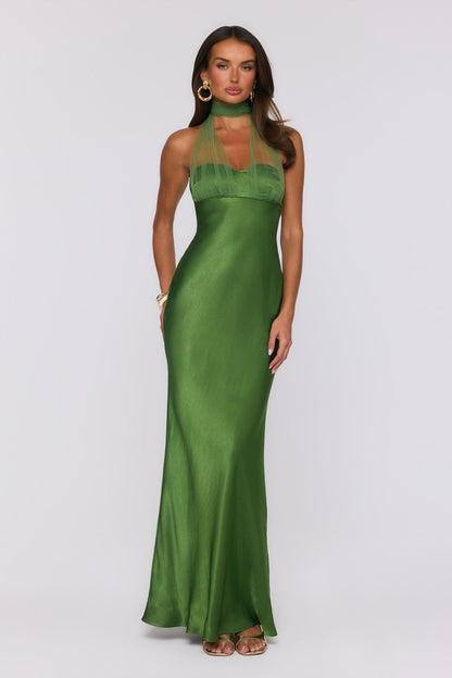 Étoile Club Satin Halter Maxi Dress Green