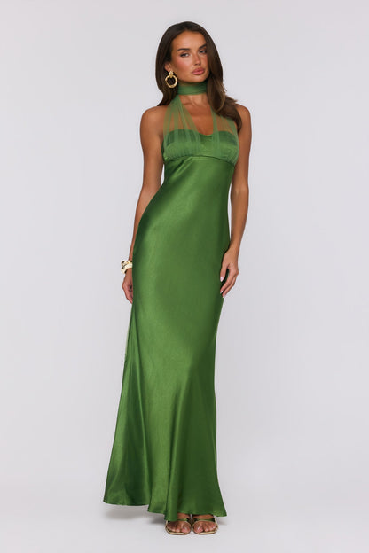 Étoile Club Satin Halter Maxi Dress Green