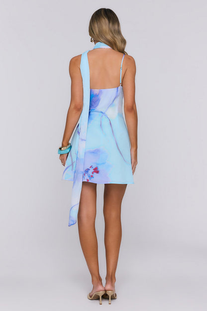 Salty Blossom Neck Wrap Mini Dress Blue