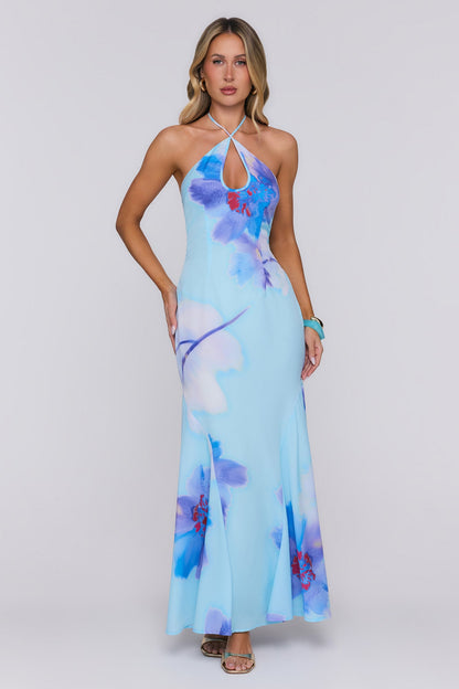 Blooming Tide Halter Maxi Dress Blue