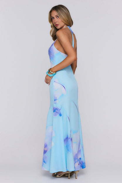 Blooming Tide Halter Maxi Dress Blue
