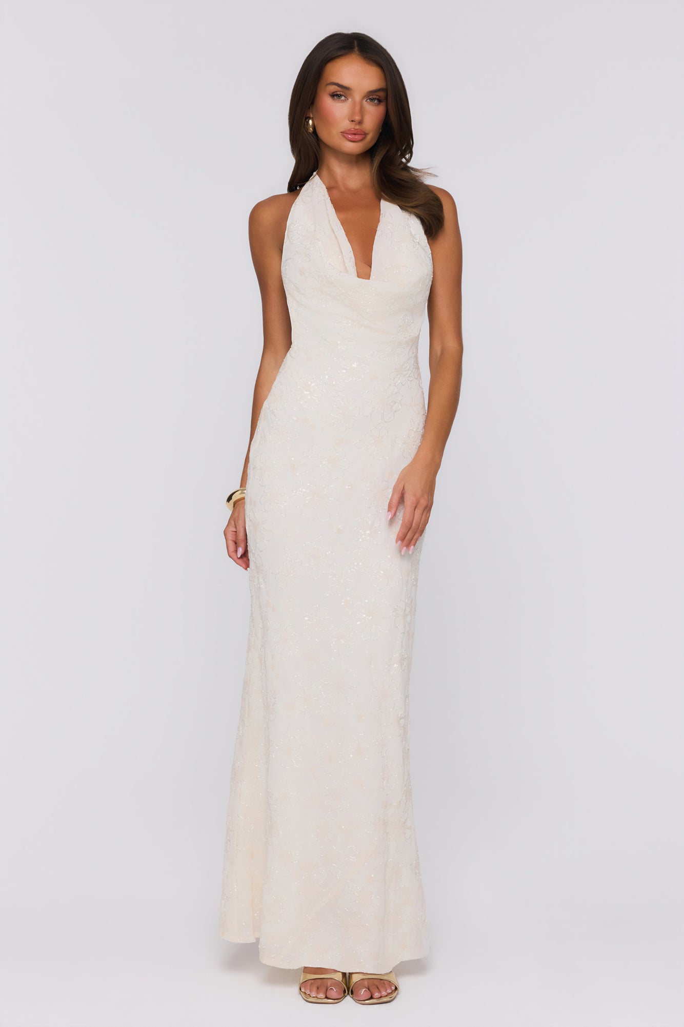 Bling It Babe Beaded Halter Maxi Dress Cream