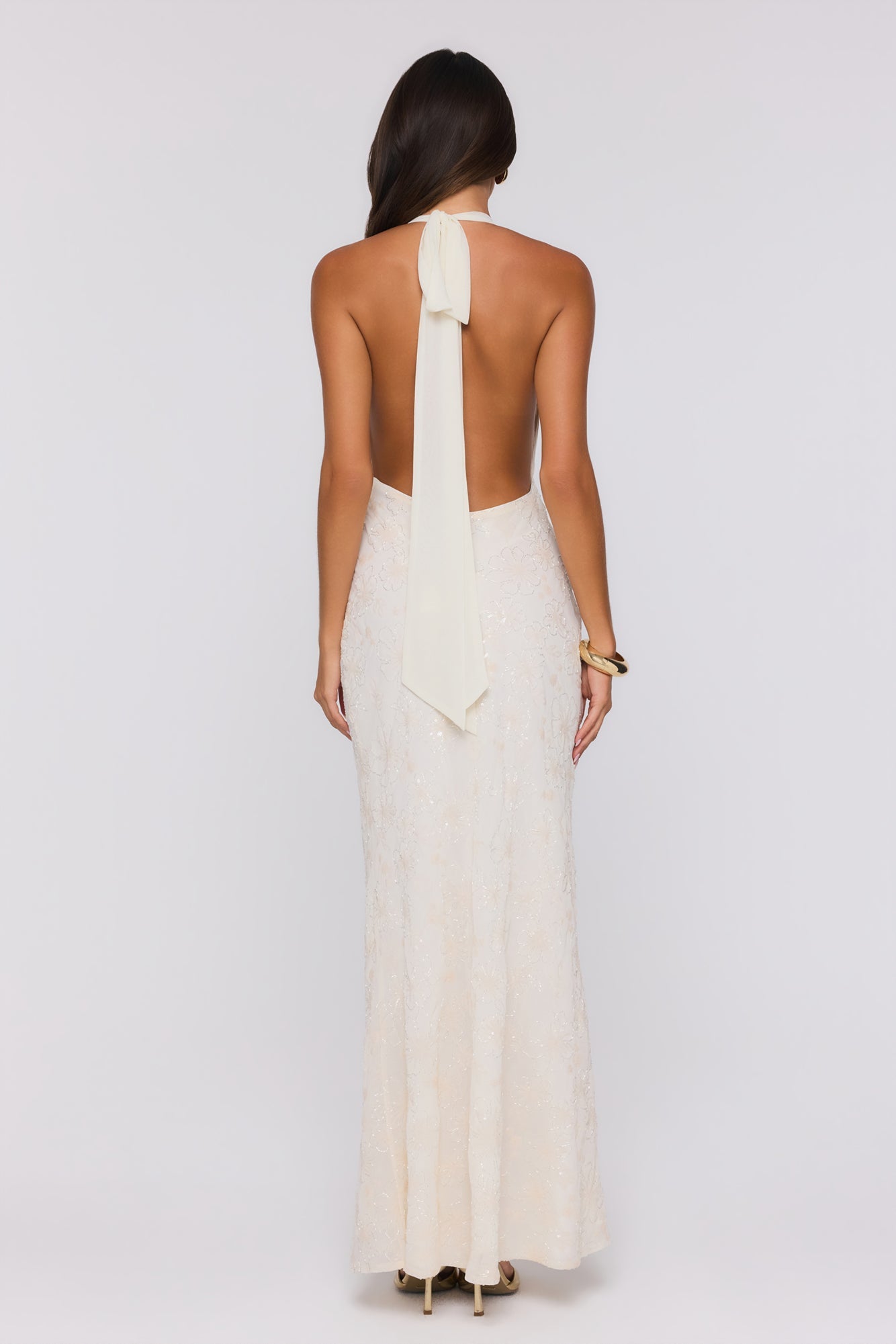Bling It Babe Beaded Halter Maxi Dress Cream