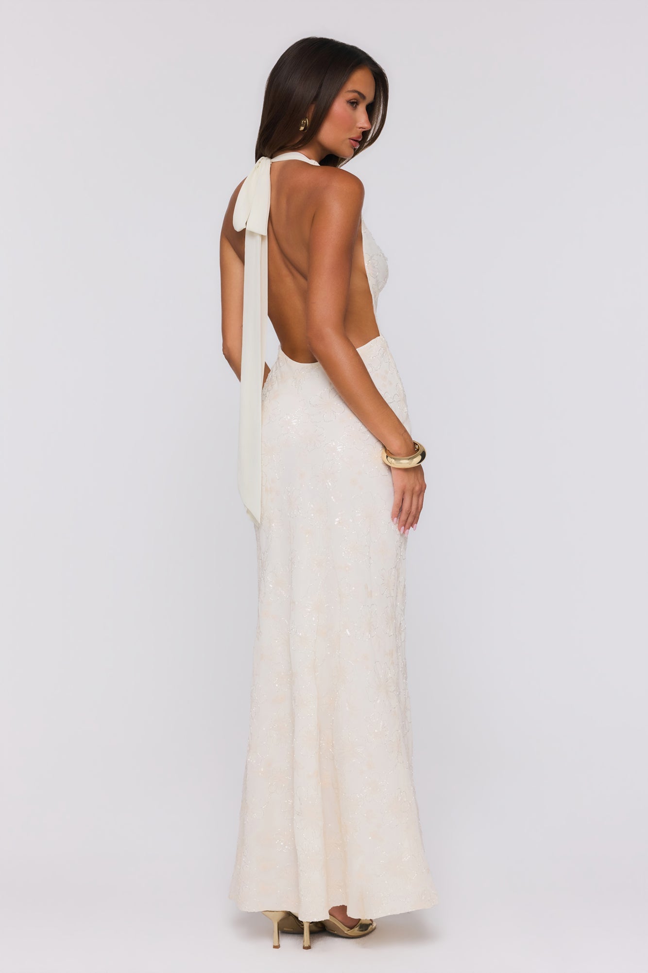 Bling It Babe Beaded Halter Maxi Dress Cream